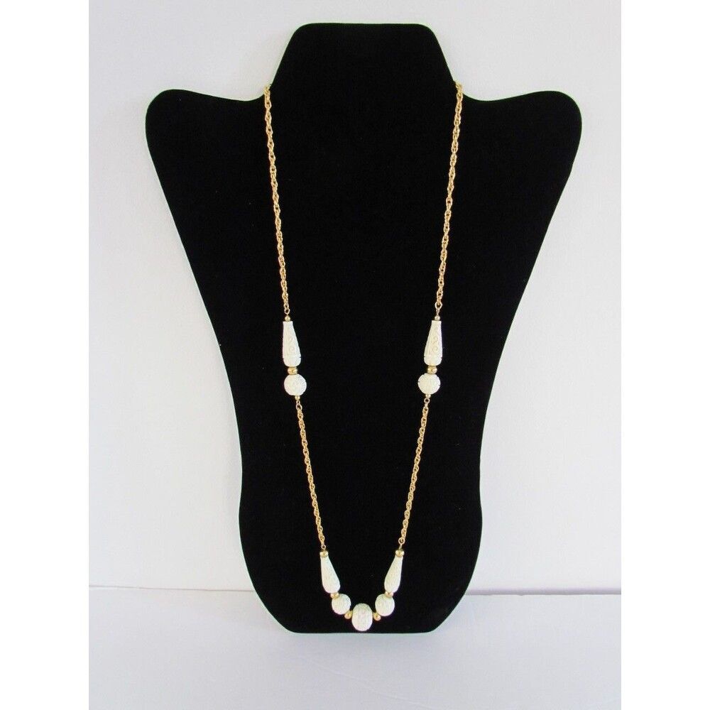 Vintage 60s Crown Trifari Sautoir Necklace Carved Faux Ivory  Gold Tone